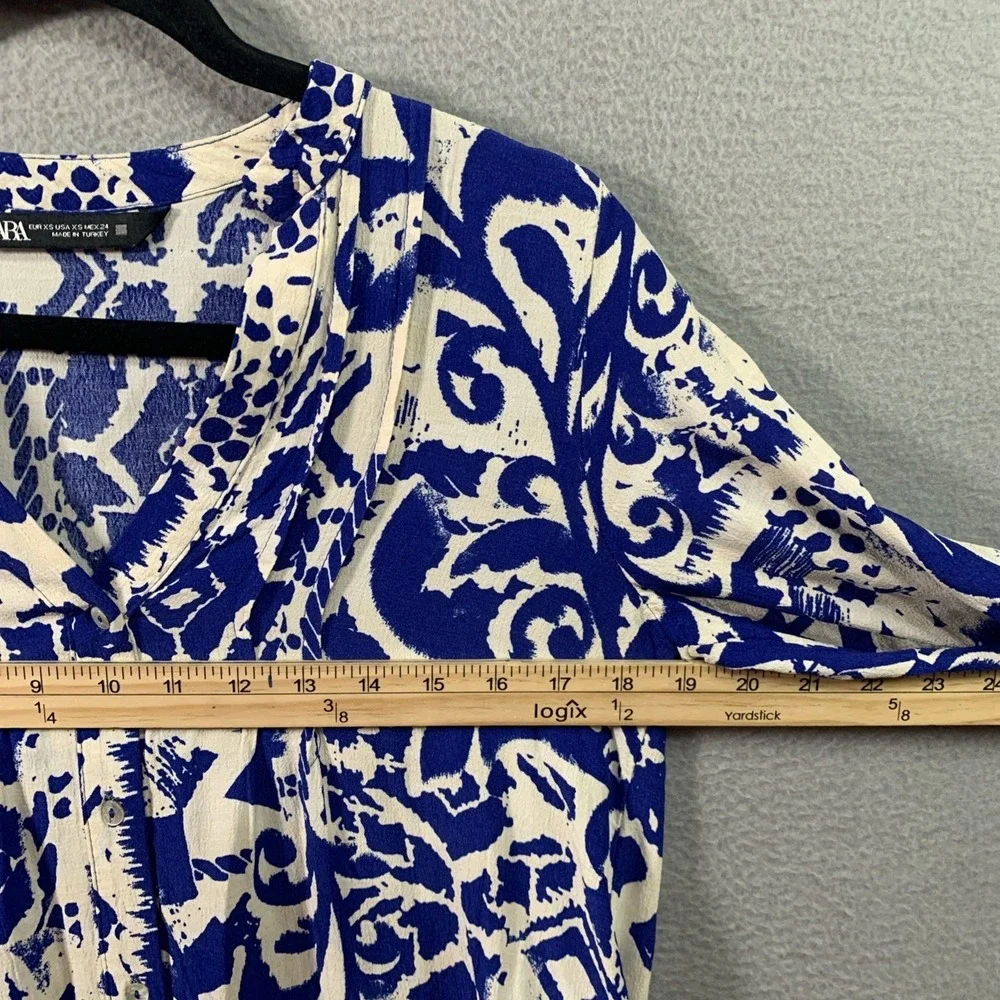 Zara‎ Women's Blue White Geometric V-Neck Balloon Sleeve Fit & Flare Dress XS